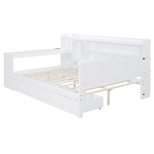 Bellemave Twin Corner Bed Frame with Storage Shelves and Desk, Wood Twin Size Daybed with Bookcase and Drawers and Storage, Gray