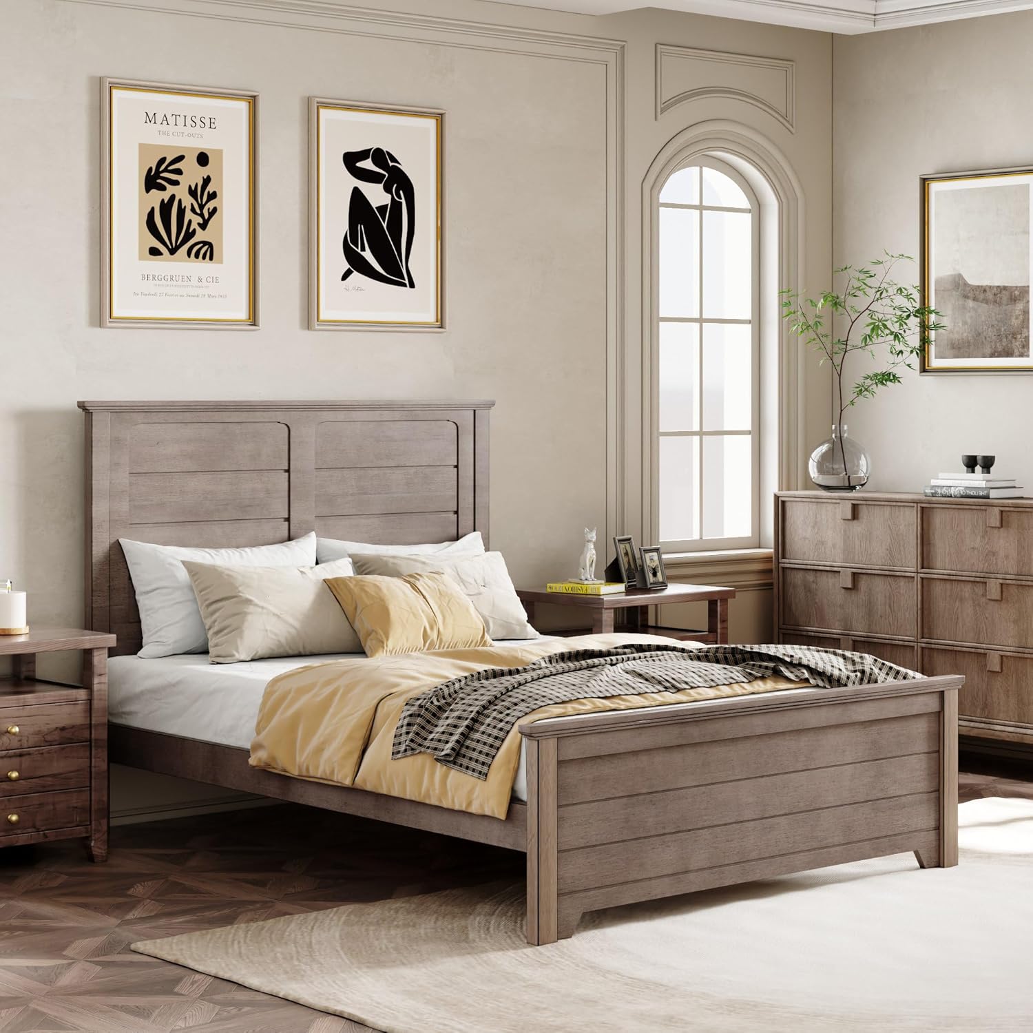 Farmhouse Style Full Size Platform Bed with Panel Design High Headboard and Footboard,Wood Bed Frame with Wood Slats Support,No Box Spring Needed