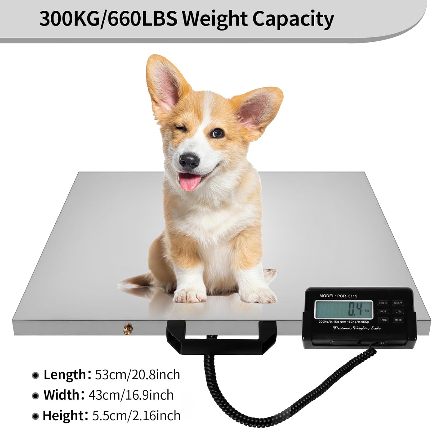 Digital Livestock Scale 660Lbs x 0.2Lbs,21'' x 17'' Veterinary Scale Pet Vet Scale Stainless Steel Platform Animal Scale,Electronic Postal Scale