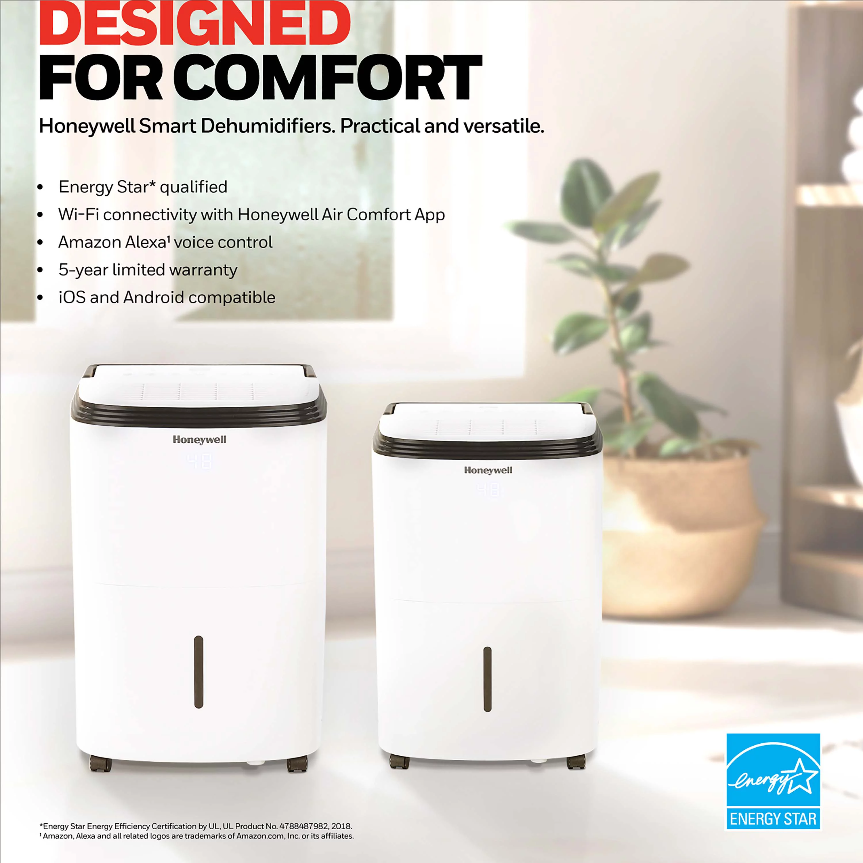Honeywell 20 pt 1000 sq ft Dehumidifier in White - Smart Technology Capable, Energy Efficient