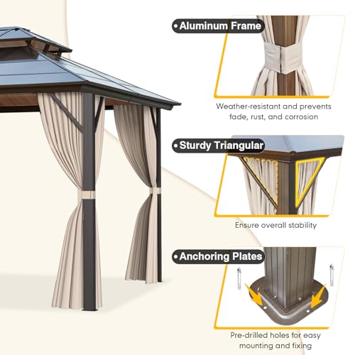MELLCOM 10'x13' Hardtop Gazebo with Polycarbonate Double Roof, Aluminum Frame Outdoor Gazebo Permanent Pavilion with Curtains and Netting for Patio