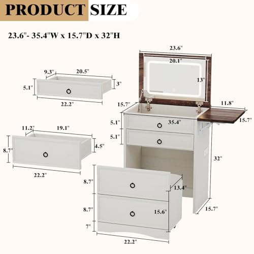 3-in-1 Vanity Set with LED Lighted Flip Top Mirror, Makeup Table with Fold-Up Panel, Hidden Stool, Charging Station