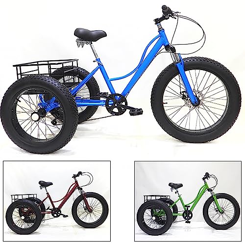 24 inch Adult Tricycle,7 Speed Cruiser Trike, All Terrain Fat Tire 3 Wheel Bikes with Large Basket for Seniors, Women, Men