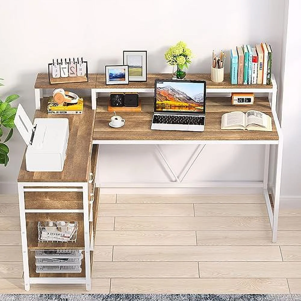 Reversible L Shaped Desk with Drawer  Industrial Corner Desk  Office Table with  Shelves and Monitor Stand  Rustic Wooden and Metal PC Desk for Small