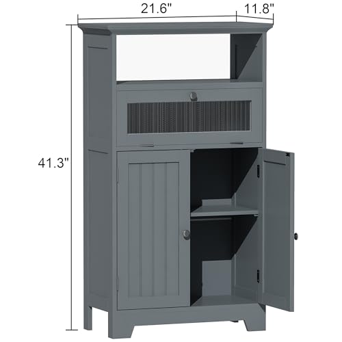 ChooChoo Bathroom Floor Storage Cabinet with Flip Glass Drawer, Freestanding with 2 Doors, Adjustable Shelf & 1 Open Storage for Living Room, Hallway
