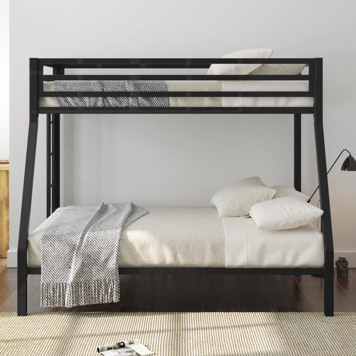 Allewie Twin Over Full Metal Bunk Bed with Removable Stairs & Full-Length Guardrail, Black