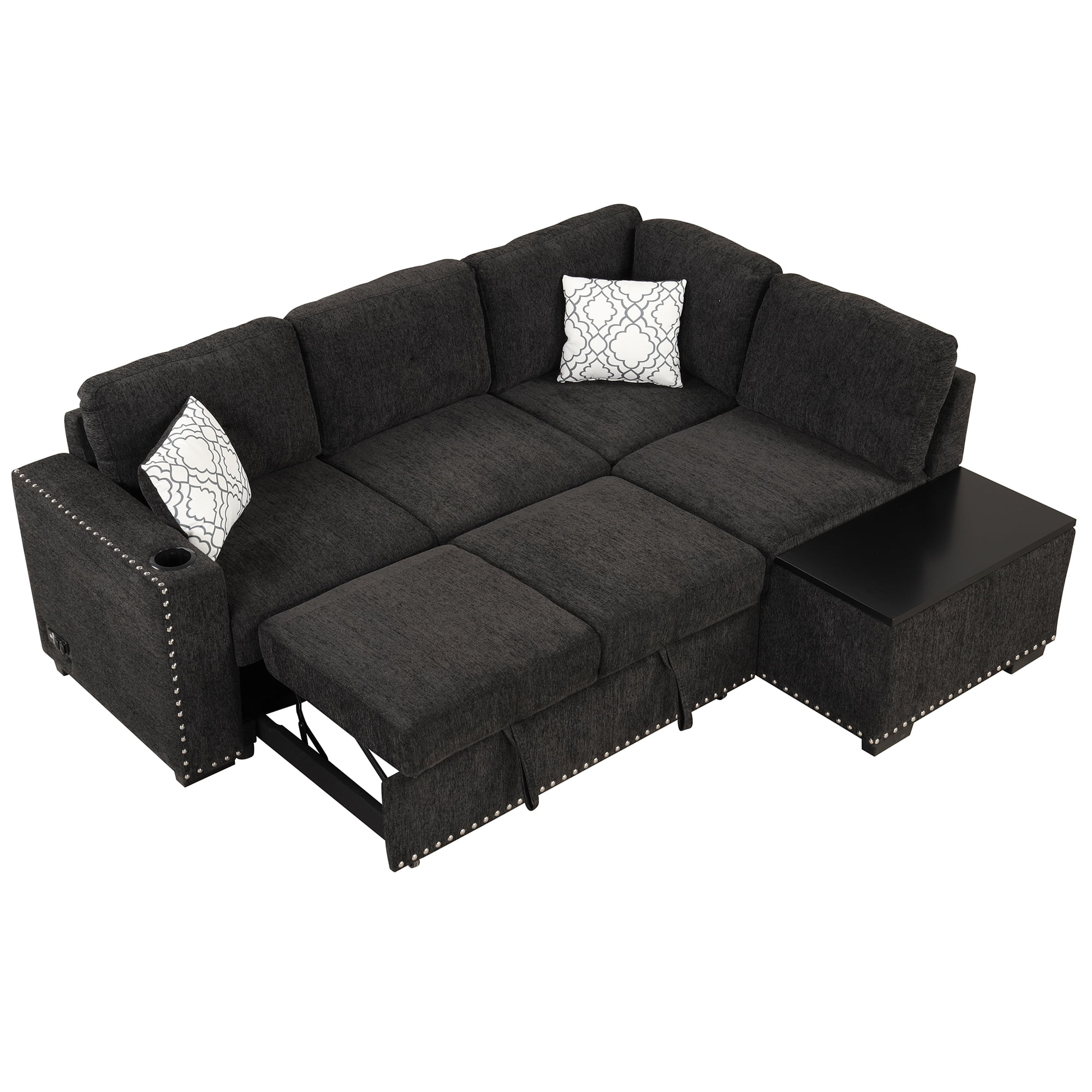 Reversible Sectional Pull-Out Sofa Bed L-Shaped Corner with Storage Chaise, Black
