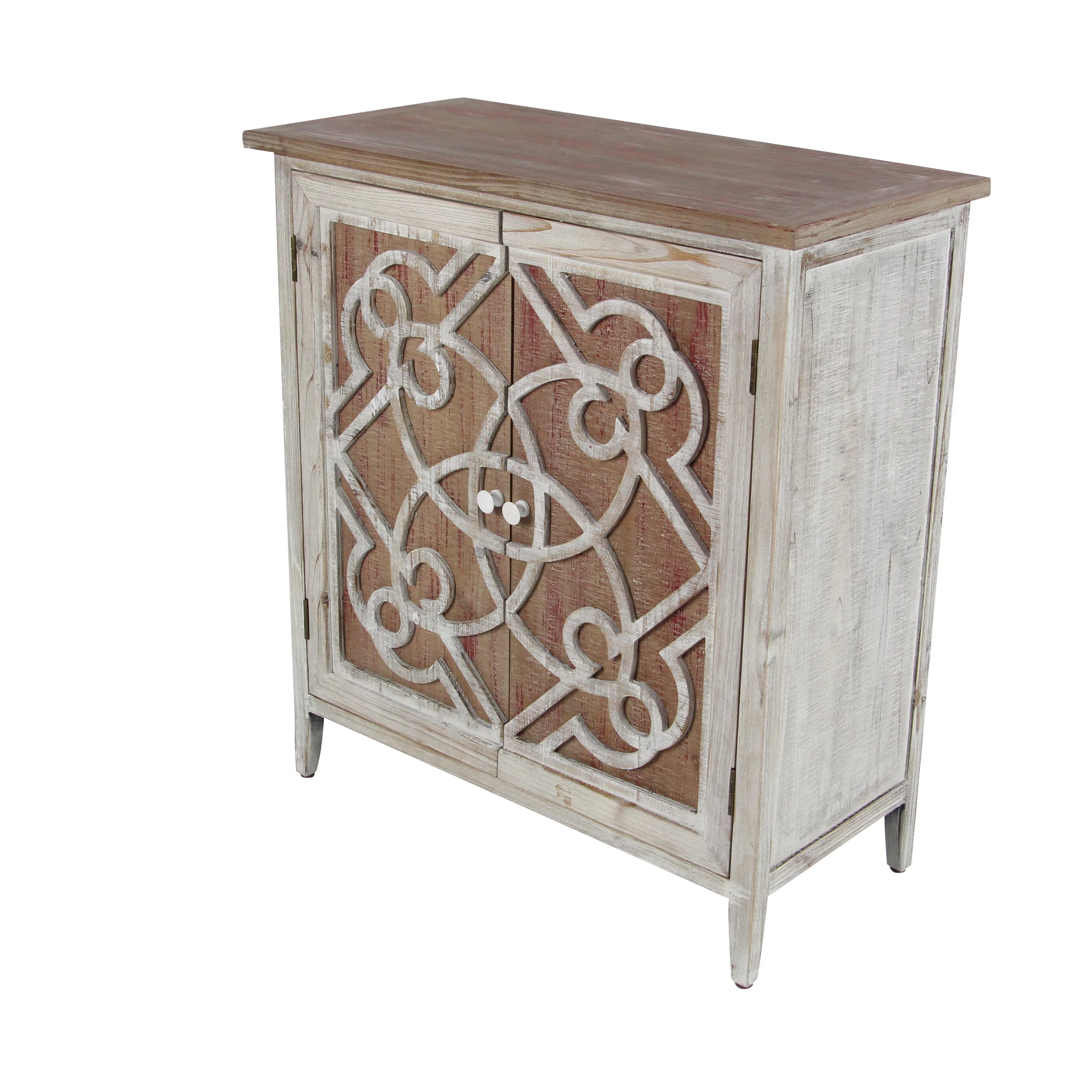 DecMode 28" x 31" Light Brown Wood 1 Shelf and 2 Door Geometric Cabinet with Carved Relief Overlay, 1-Piece