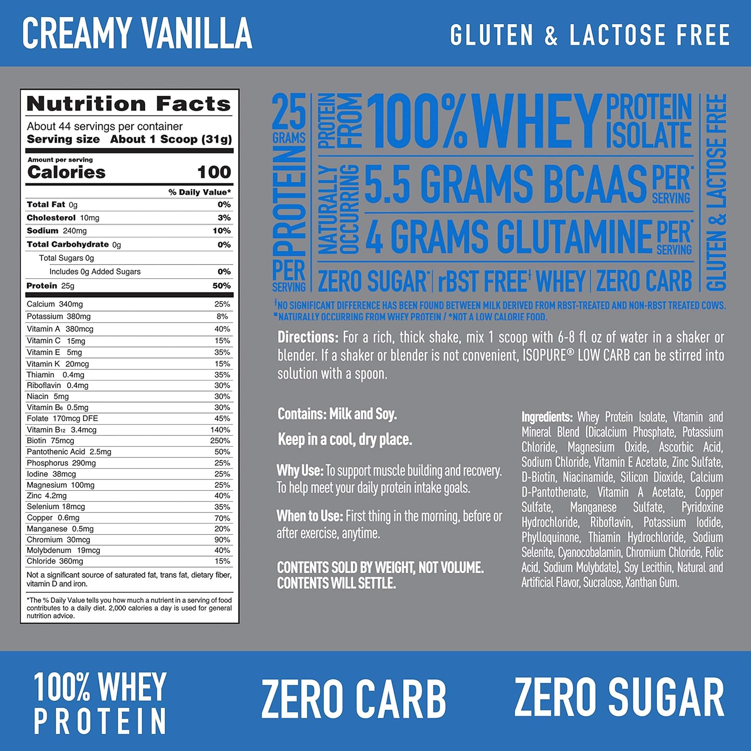 Isopure Whey Isolate Protein Powder with Vitamin C & Zinc for Immune Support, 25g Protein, Zero Carb & Keto Friendly, Flavor: Creamy Vanilla