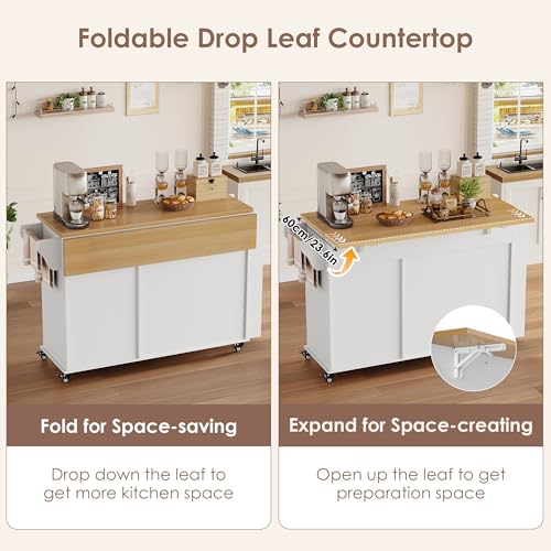 FINETONES Kitchen Island with Storage, Rolling Kitchen Island on Wheels with Wood Drop Leaf Countertop