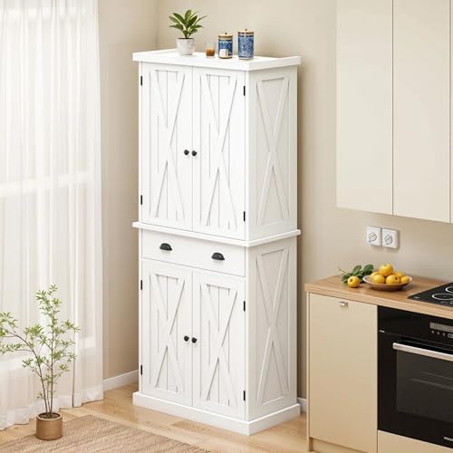 YITAHOME 72'' Tall Kitchen Pantry Cabinets, Farmhouse Storage Cabinets with Barn Doors, Drawer ＆ Adjustable Shelves