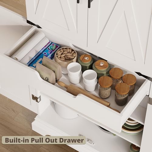 IRONCK Kitchen Pantry Cabinet 72" H, with 9 Shelves, 4 Barn Doors, Drawer, 6 Door Storage Shelves