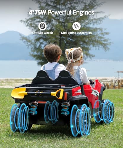 ELEMARA 24V Ride on Toy for Big Kid,Ride on Car 2 Seater w/Sun Shade,Dump Bed & Shovel,4.5MPH,4WD Electric Car for Kids,Battery Car w/Remote