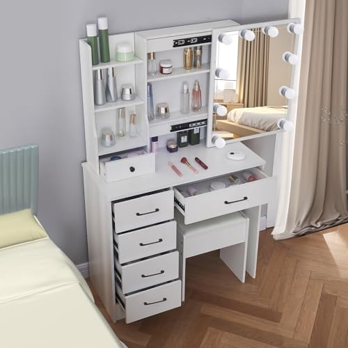 White Vanity Desk with Makeup Mirror and 10 Lights, 3 Color Mode Dimmable Sliding Lighted Mirror, 6 Large Drawers and 3 Level Storage Shelves