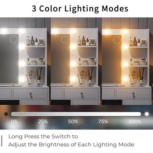 Vanity Desk & Power Outlet, Makeup Vanity with Mirror and 10 LED Lights, 3 Lighting Modes Brightness Adjustable