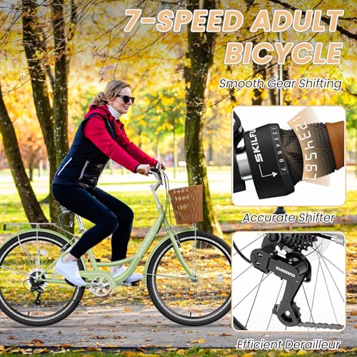 MOONCOOL Womens Bike 7 Speed, 24 26 inch Beach Cruiser Bikes for Women, Step Through Adult Bicycle with Front Basket for City Commuting