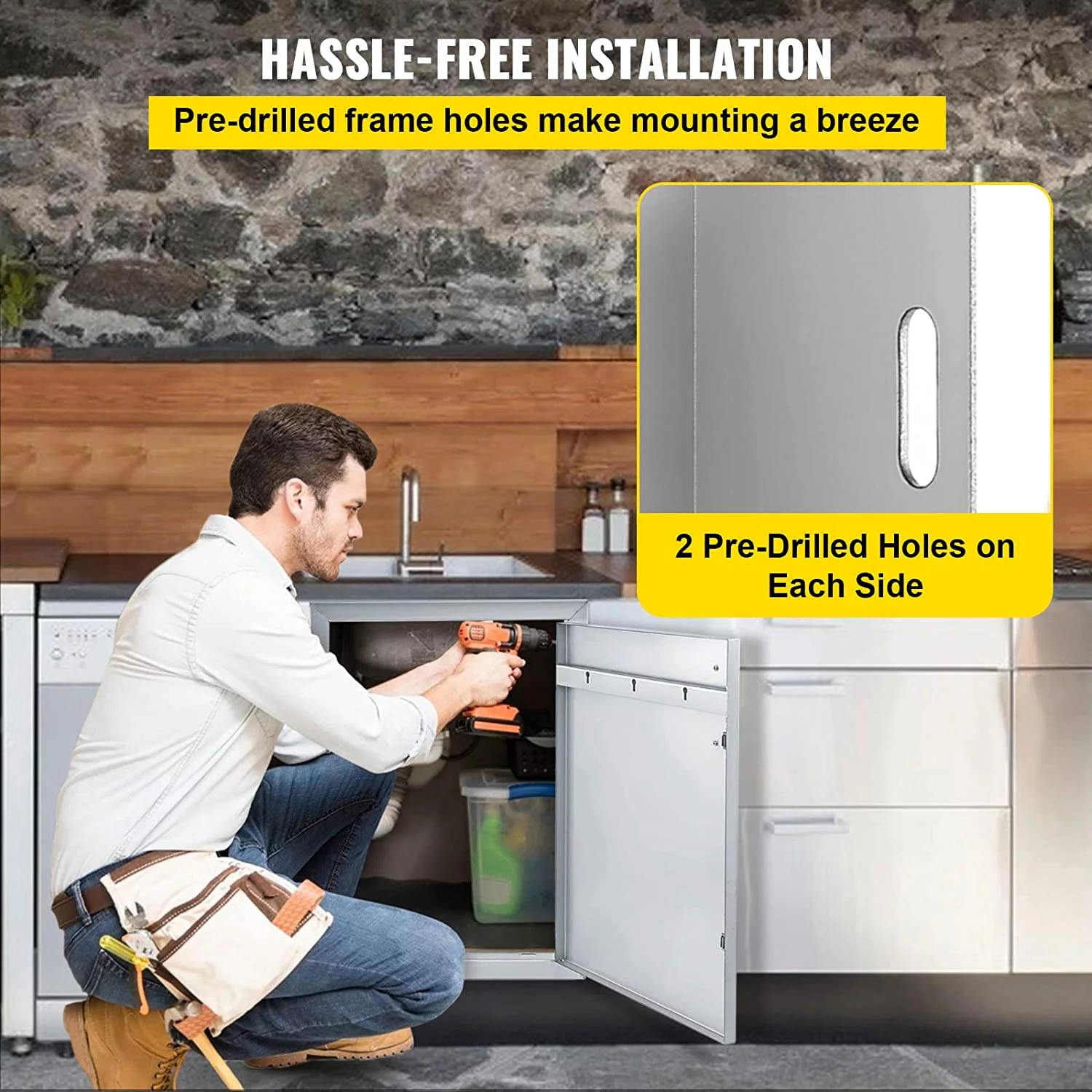 VEVOR Outdoor Kitchen Access 34" x 19" Wall Construction Stainless Steel Flush Mount for BBQ Island, 34inch x 19inch, Double Door