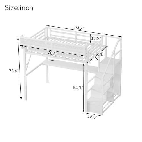 Full Size Loft Bed with Stairs and Storage, Metal Loft Bed Frame with Bedside Shelf and Large Under-Bed Space