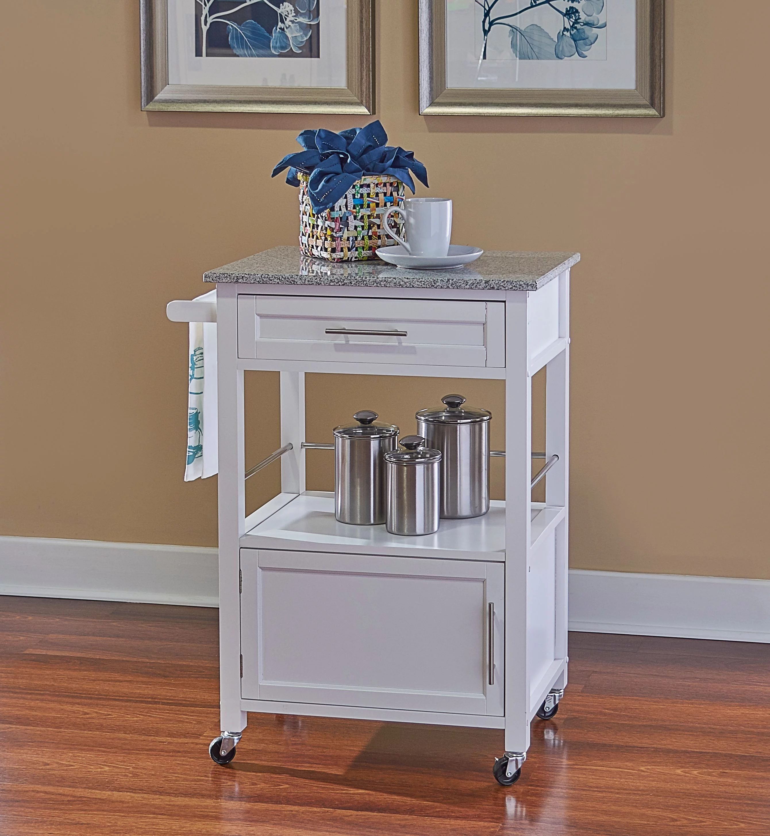 Linon Mitchell Wood Granite Top Kitchen Cart in White