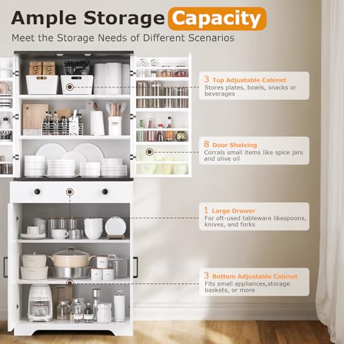 72" Tall Farmhouse Kitchen Pantry Cabinet, Large Storage Cabinet with 6 Adjustable Shelves, 4 Barn Doors & Drawer for Bathroom, Dining Room, Brown