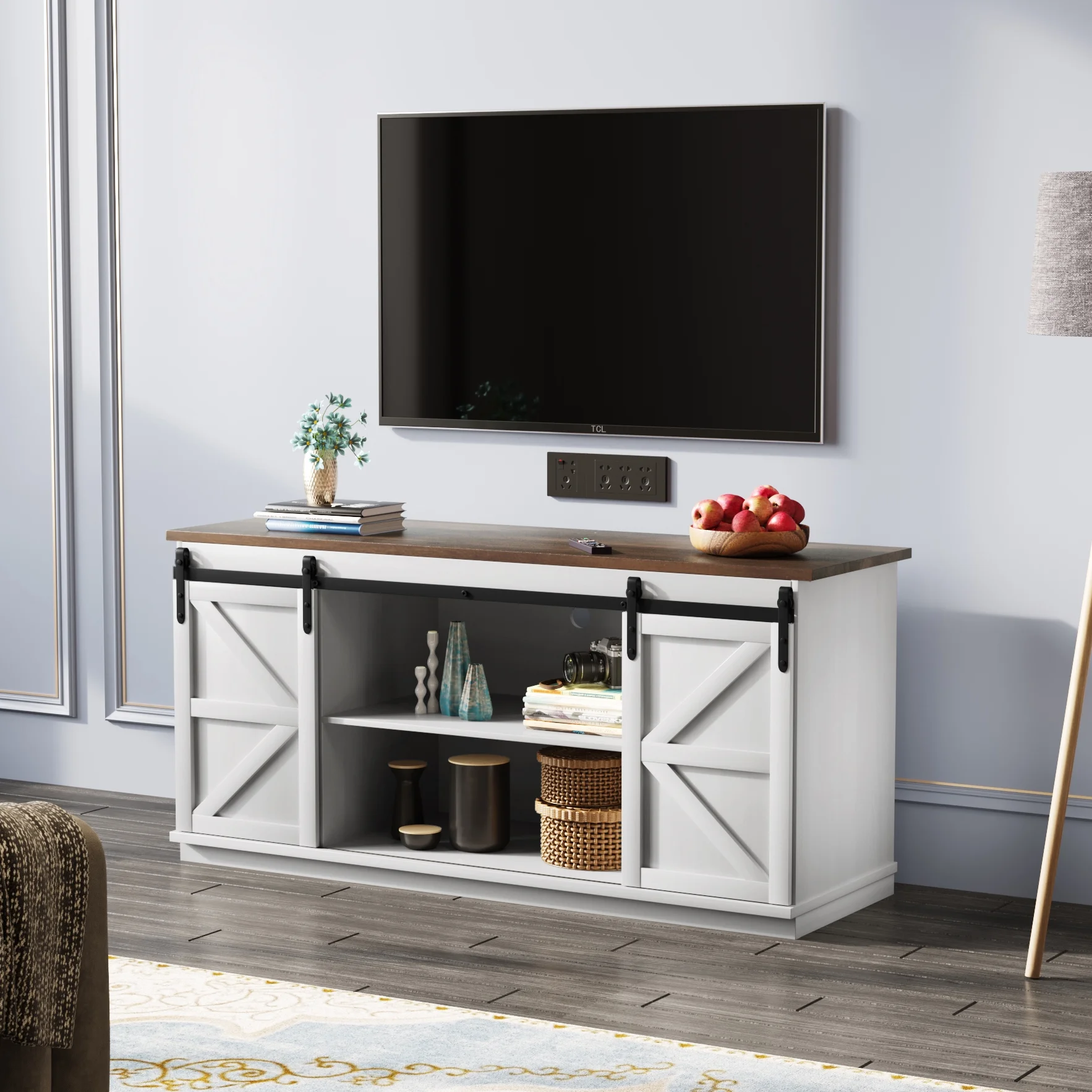 Furmax Modern Farmhouse Barn Door TV Stand for TVs up to 65", White - Curated Treasures Market