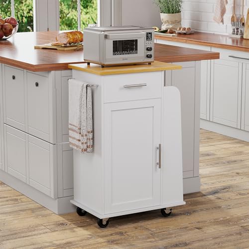 Shintenchi Rolling Kitchen Island Cart with Folding Drop Leaf Breakfast Bar, Portable Trolley Island with Large Storage Cabinet, Shelf and Drawer