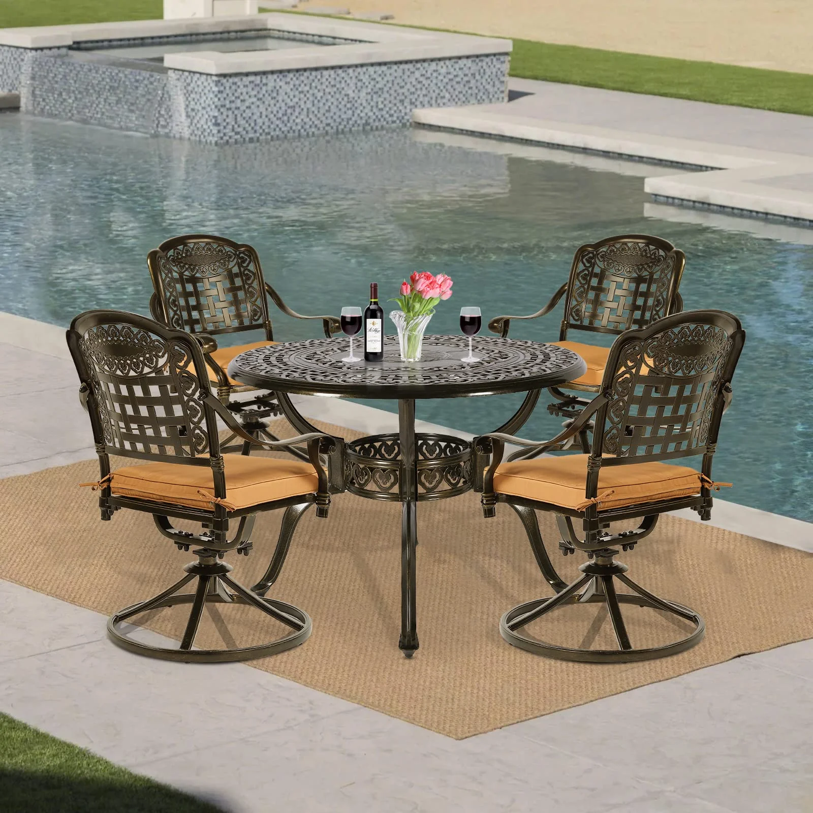 VIVIJASON 5-Piece Outdoor Patio Dining Set, All-Weather Cast Aluminum Conversation Set, Patio Furniture Set for Balcony Lawn Garden
