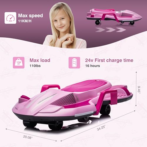 Dockey 24V Electric Ride On Toy for Kids Ages 6 & Up, High Power Drift Cart with Side Handlebars, Cool LED Lights & Music - Crazy Cart (White)