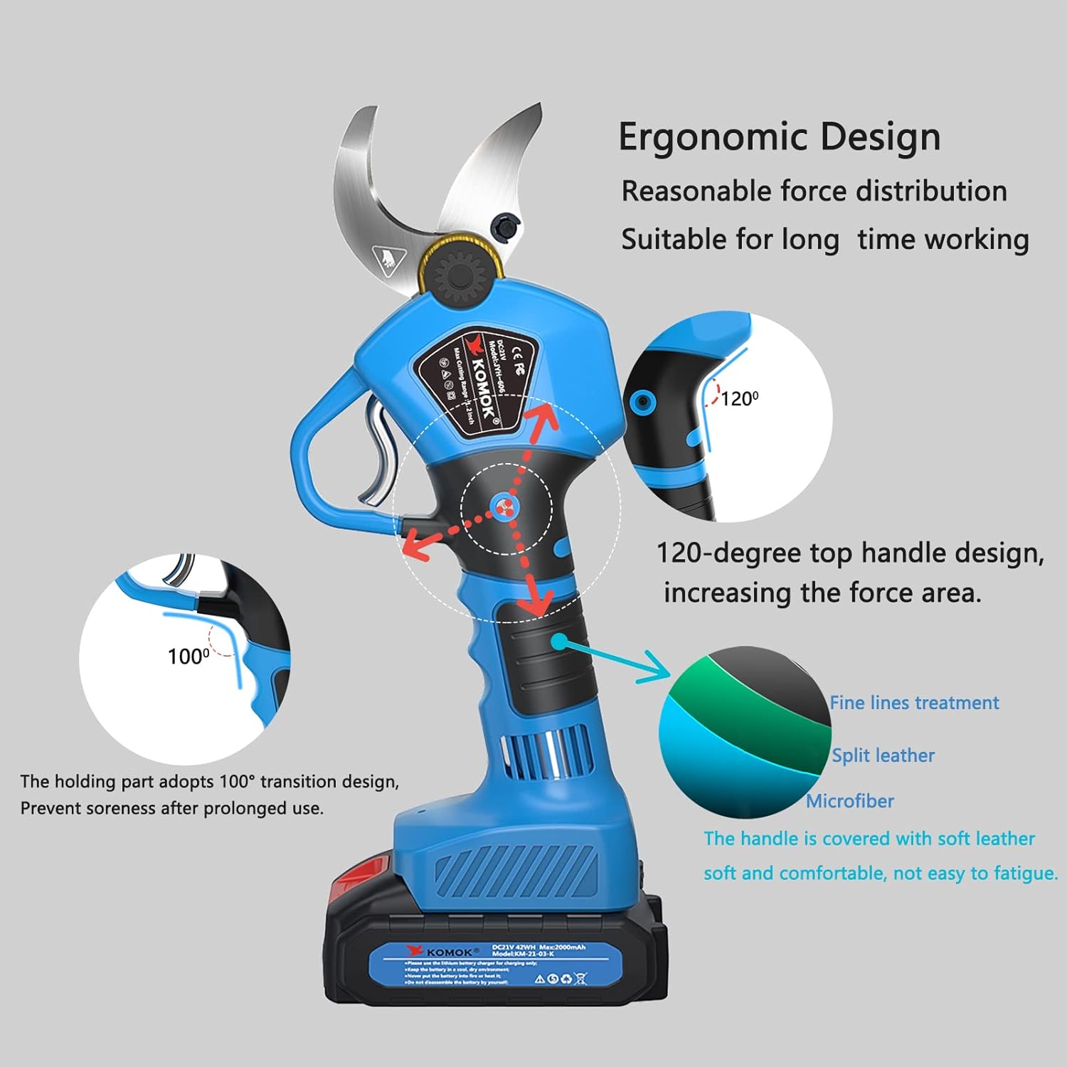 KOMOK Professional Cordless Electric Pruning Shears, 2PCS Backup Rechargeable 2Ah Lithium Battery Powered Tree Branch Pruner