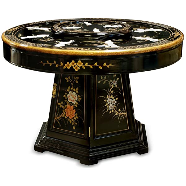 ChinaFurnitureOnline Black Lacquer Oriental Round Dining Table Set 6 Chairs 48in with Pearl Maidens