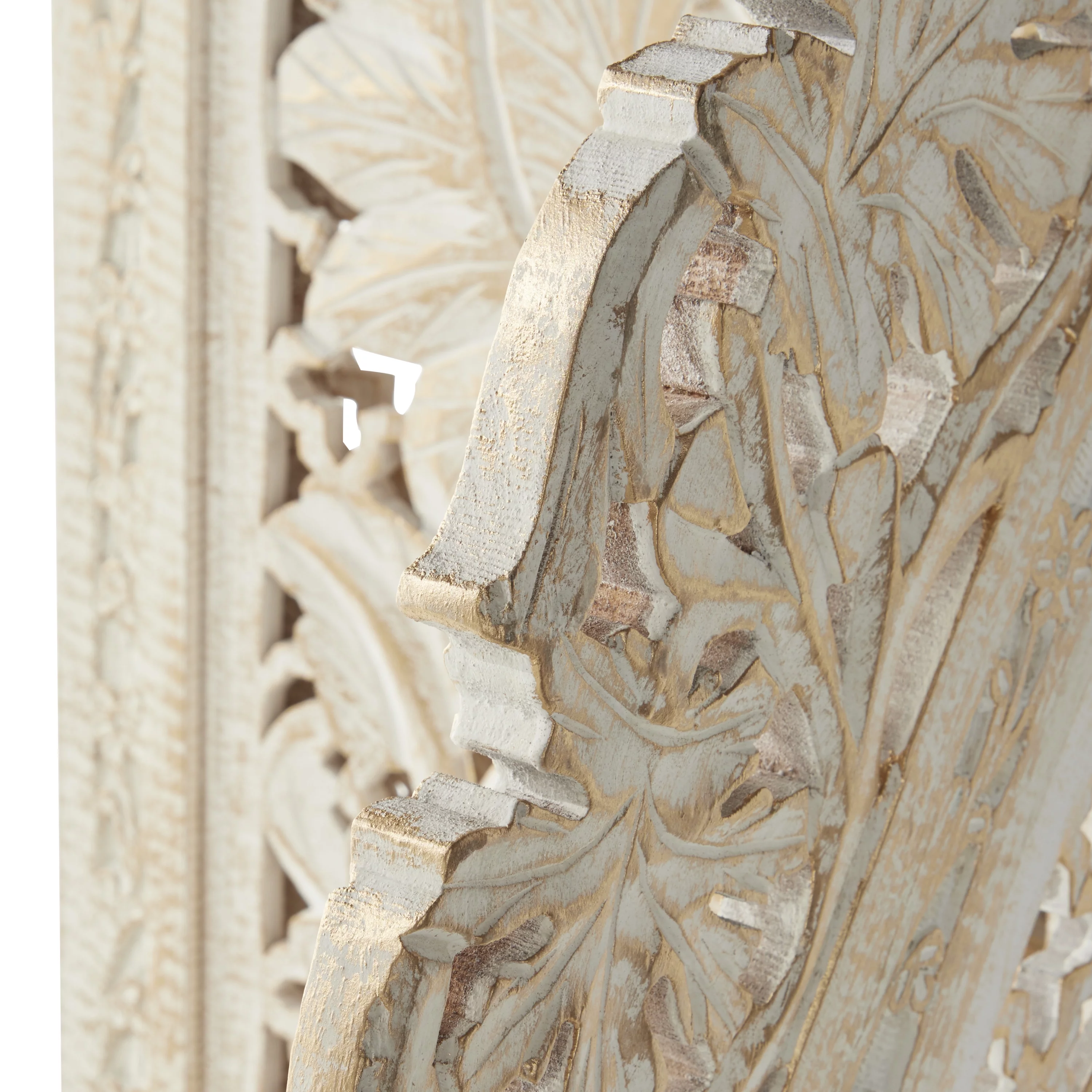 DecMode 60" x 72" White Wood Floral Handmade Foldable Arched Partition 4 Panel Room Divider Screen with Intricately Carved Designs, 1-Piece