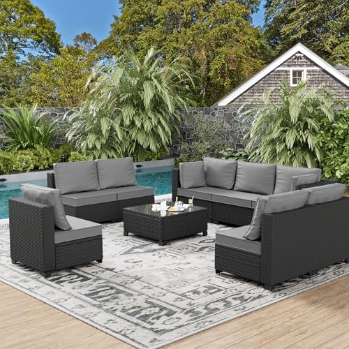 8-Person Rattan Patio Conversation Sets Outdoor Furniture Set Sectional Sofa Group（Cushions Color: Beige and White Stripe）