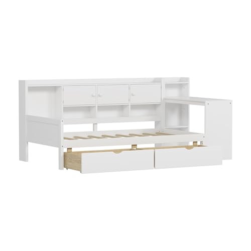 Corner Twin Bed Frame with Bookcase Storage and Desk, Wood Day Beds with 2 Drawers, Twin Size Daybed with Storage for Living Room