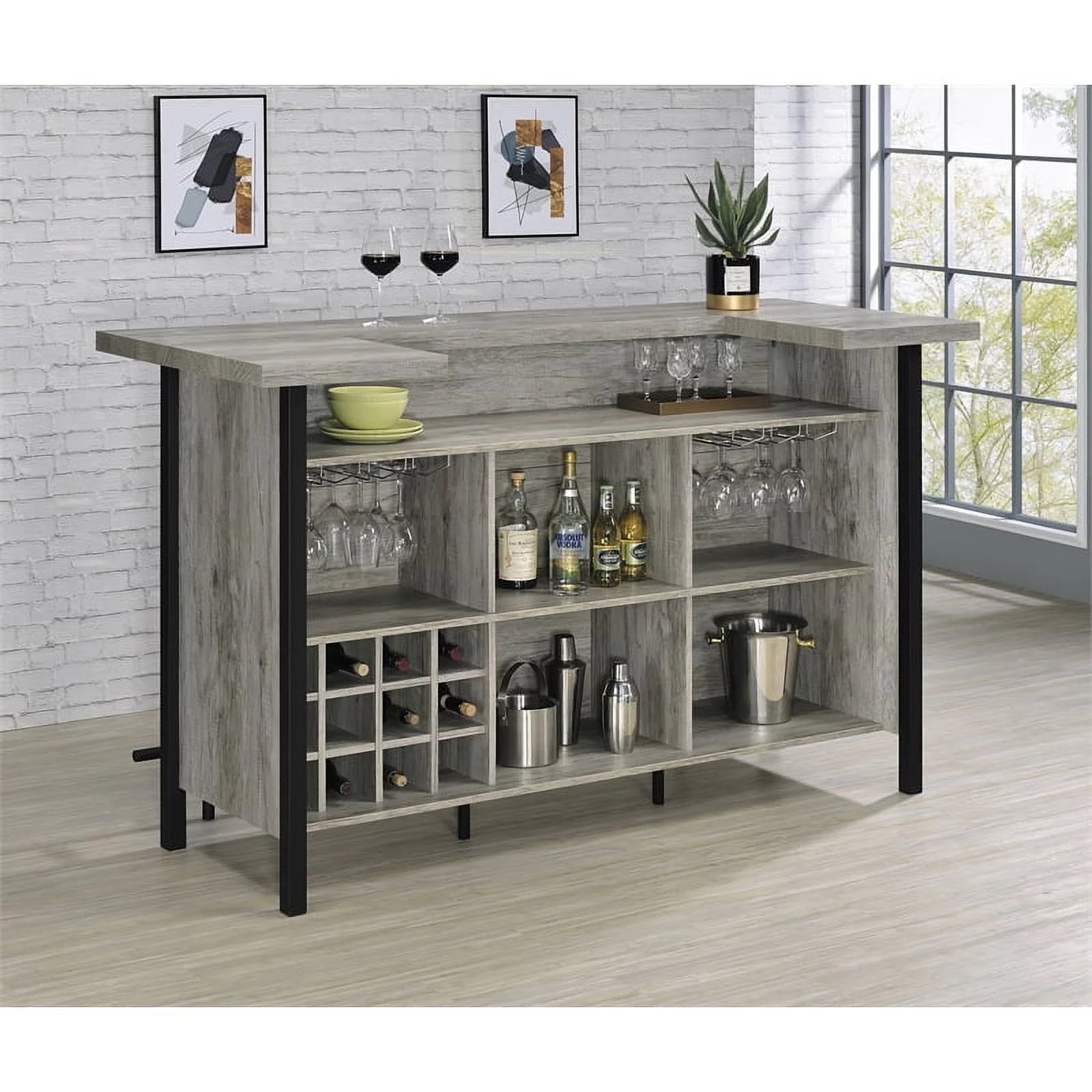 Pemberly Row 70.75"W Modern Wood Bar Unit in Gray Driftwood/Black