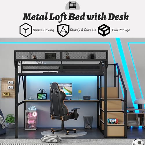 Full Size Loft Bed with Desk and Stairs, Heavy-Duty Steel Loft Bed Frame with Wardrobe & LED Light