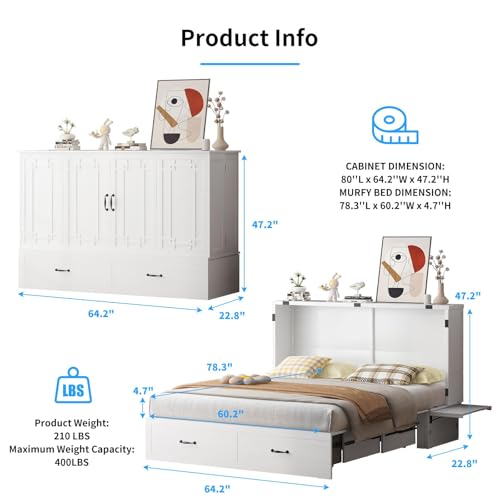 PUREMIND Murphy Bed Cabinet with Mattress Included, Queen Cabinet Beds with Storage Drawers, Murphy Chest Bed with USB Charging Station