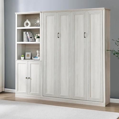 MERITLINE Queen Size Murphy Bed with Storage Bookcase Shelves,Cabinet and Charging Station,Wood Folding White Murphy Wall Bed