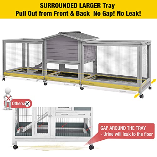 Aivituvin Rabbit Hutch 93.7" Large Rabbit Cage Indoor Outdoor Guinea Pig Cage Chicken Coop on Wheels Bunny Cage with 4 Deep No Leakage Pull Out Tray