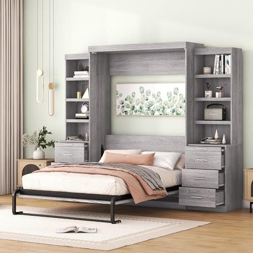 Full Size Murphy Bed with 2 Convertible Side Cabinet Storage Shelf, Foldable Wallbed Bedframe