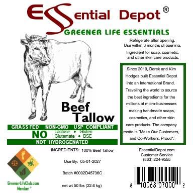 Essential Depot Beef Tallow - 50 lbs - Grass Fed - Non-GMO - Free from Lactose-Gluten-Glutamate-BSE