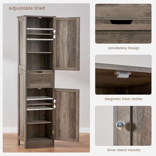 Iwell 67" Tall Bathroom Cabinet, Storage Cabinet with 2 Doors & 1 Drawer, Bathroom Storage Cabinets with Adjustable Shelves, for Living Room