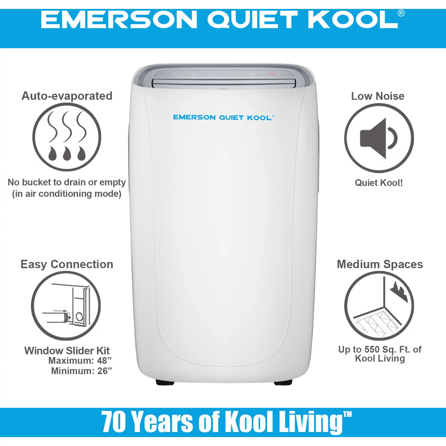 Emerson Quiet Kool Portable Air Conditioner with Heat for Rooms up to 550 Sq Ft | Smart AC with Wifi and Voice Control | With Timer, Sleep Mode