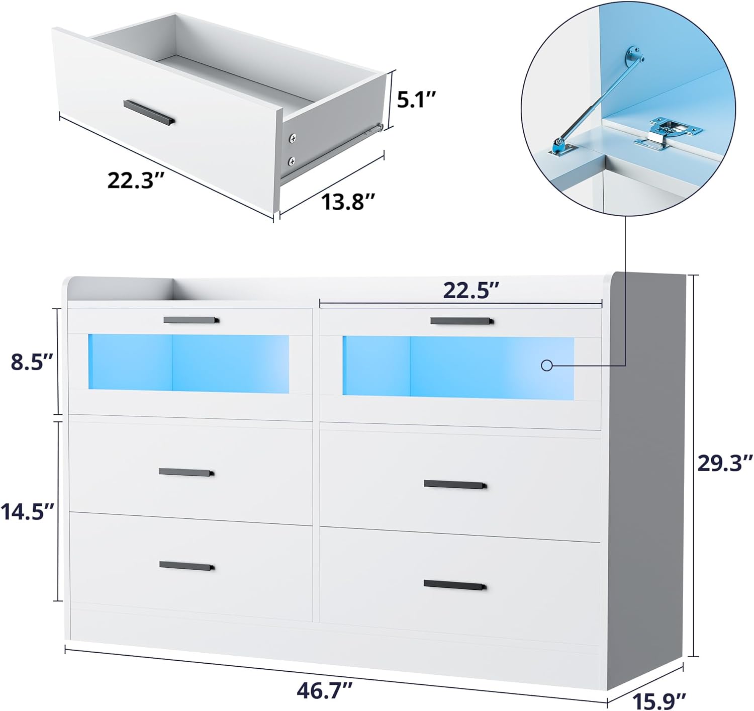 Cozy Castle 6 Drawer Double Dressers LED Modern Chest of Drawers Large Organizer Wood Accent Storage Cabinets for Living Room Home Office Entryway