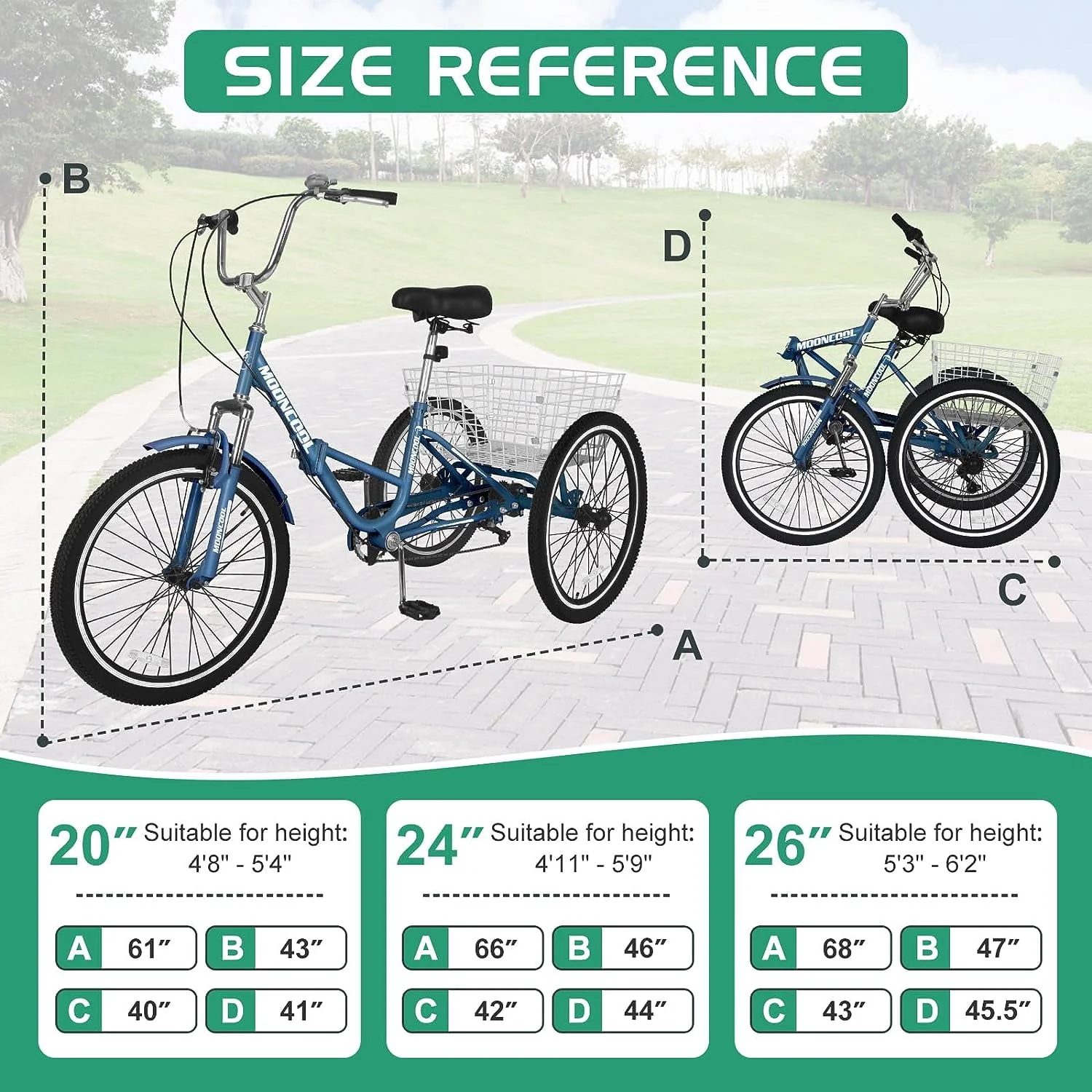 MOONCOOL Adult Folding Tricycle for Adults, 7 Speed 20/24/26 inch 3 Wheels Bikes with Basket, Foldable Tricycle for Adults, Women, Men, Seniors