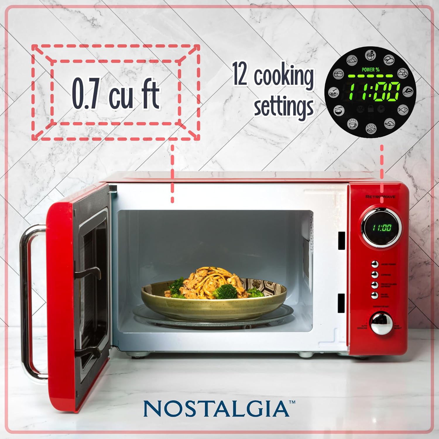 Nostalgia Retro Compact Countertop Microwave Oven - 0.7 Cu. Ft. - 700-Watts with LED Digital Display - Child Lock - Easy Clean Interior
