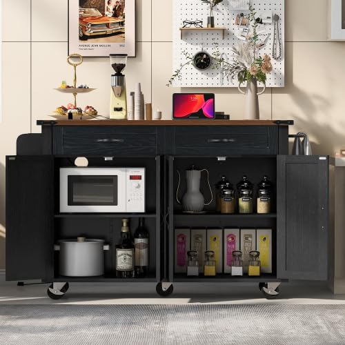 Bellemave Kitchen Island with Storage Cabinet on Wheels, 53.5'' Mobile Kitchen Cart with Power Outlet, Drop Leaf, Spice/Towel Rack and Drawer
