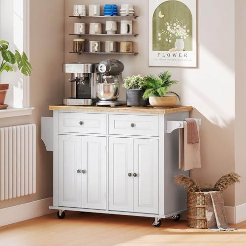 HOMCOM Kitchen Island on Wheels, Rolling Cart with Rubberwood Top, Spice Rack, Towel Rack and Drawers for Dining Room, Navy Blue