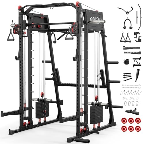 Mikolo Smith Machine, 2200lbs Squat Rack with LAT-Pull Down System & Cable Crossover Machine, Training Equipment with Leg Hold-Down Attachment