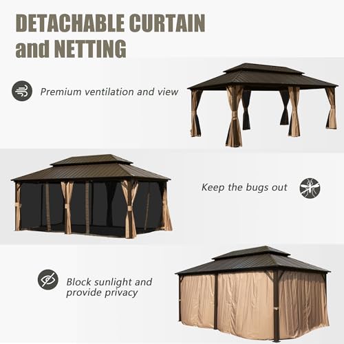 Domi 10’ x 10’ Hardtop Gazebo Metal Frame Canopy with Netting & Curtains
