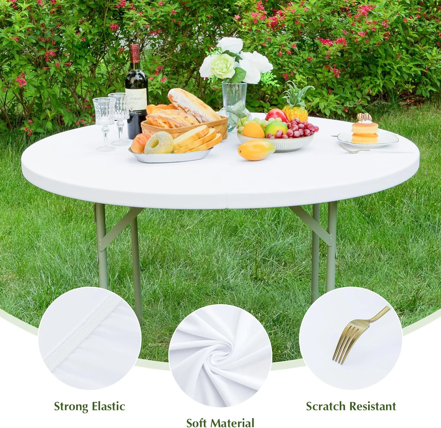 2 Pack Round Fitted Tablecloth 48 Inch Stretch Spandex Table Cover White Washable Table Cloth Elastic Table Topper for Indoor and Outdoor